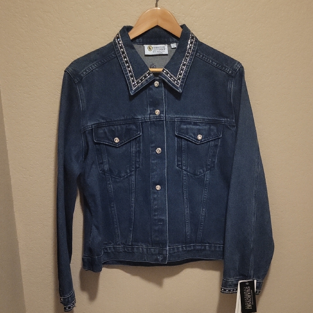 Christine Alexander Navy Denim Jacket with Beaded Swarovski Crystals